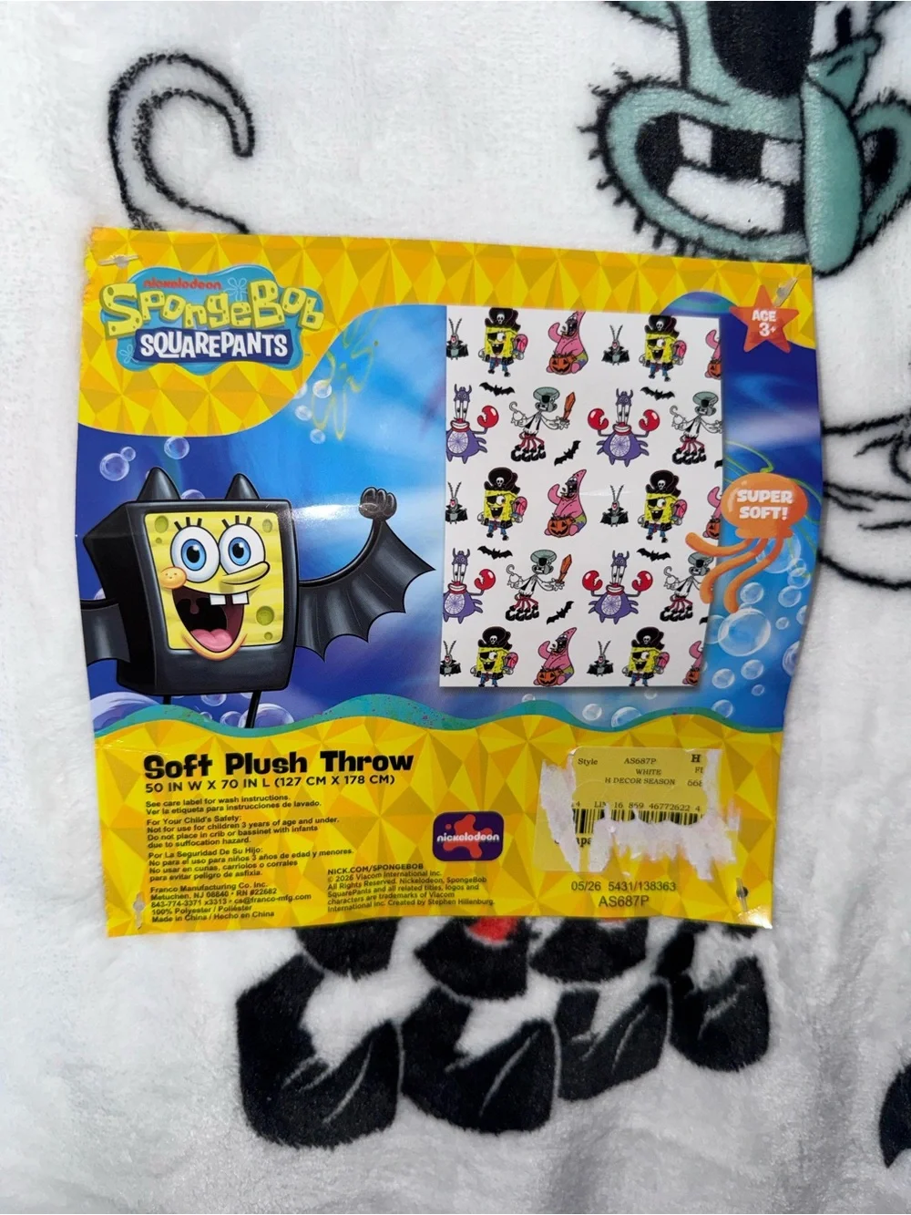 SpongeBob Squarepants White Plush Throw with Colorful Halloween Characters